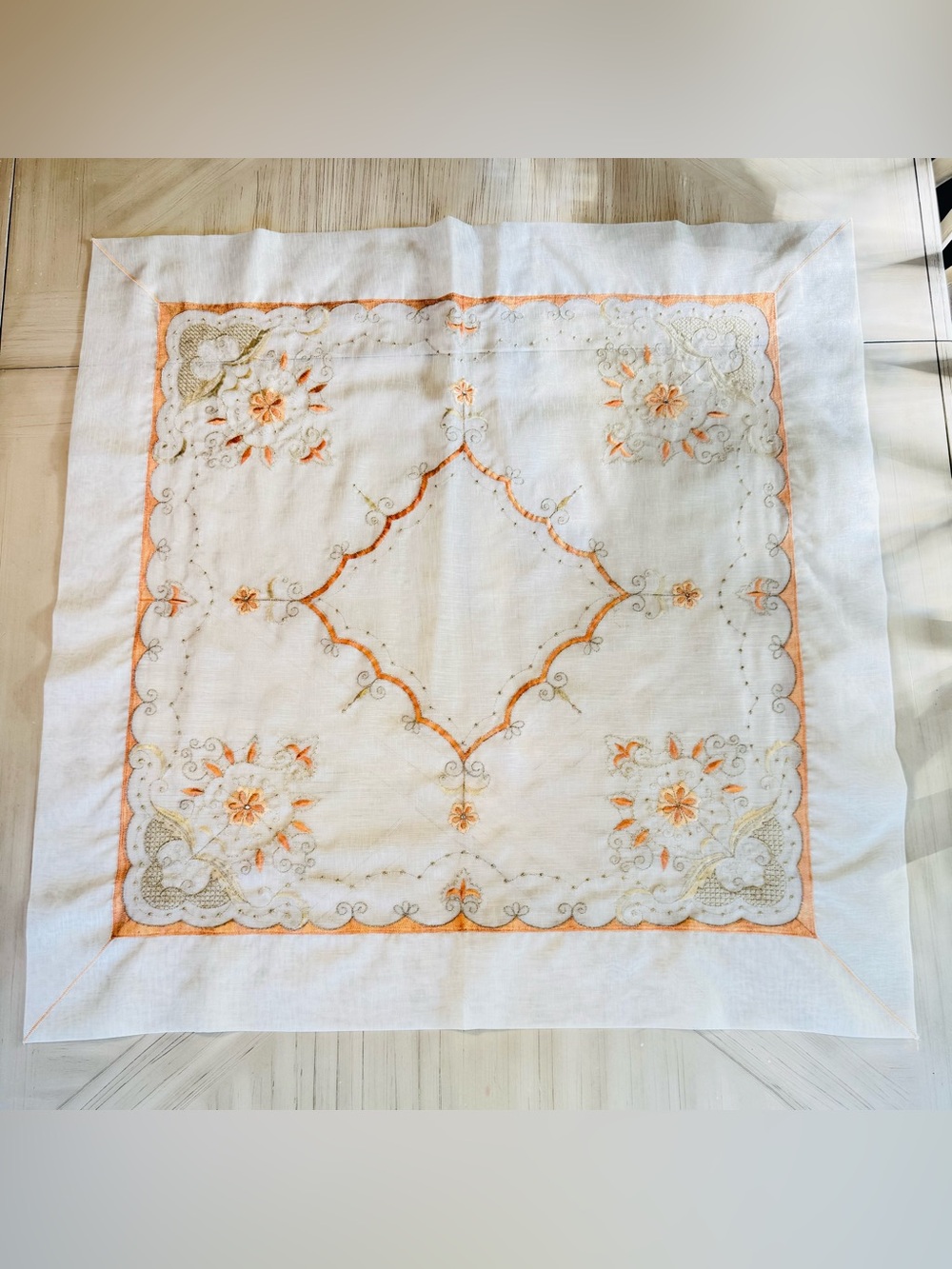 Vintage Italian Coprimacchia Hand Embroidered Linen Organdy Table Topper 34”